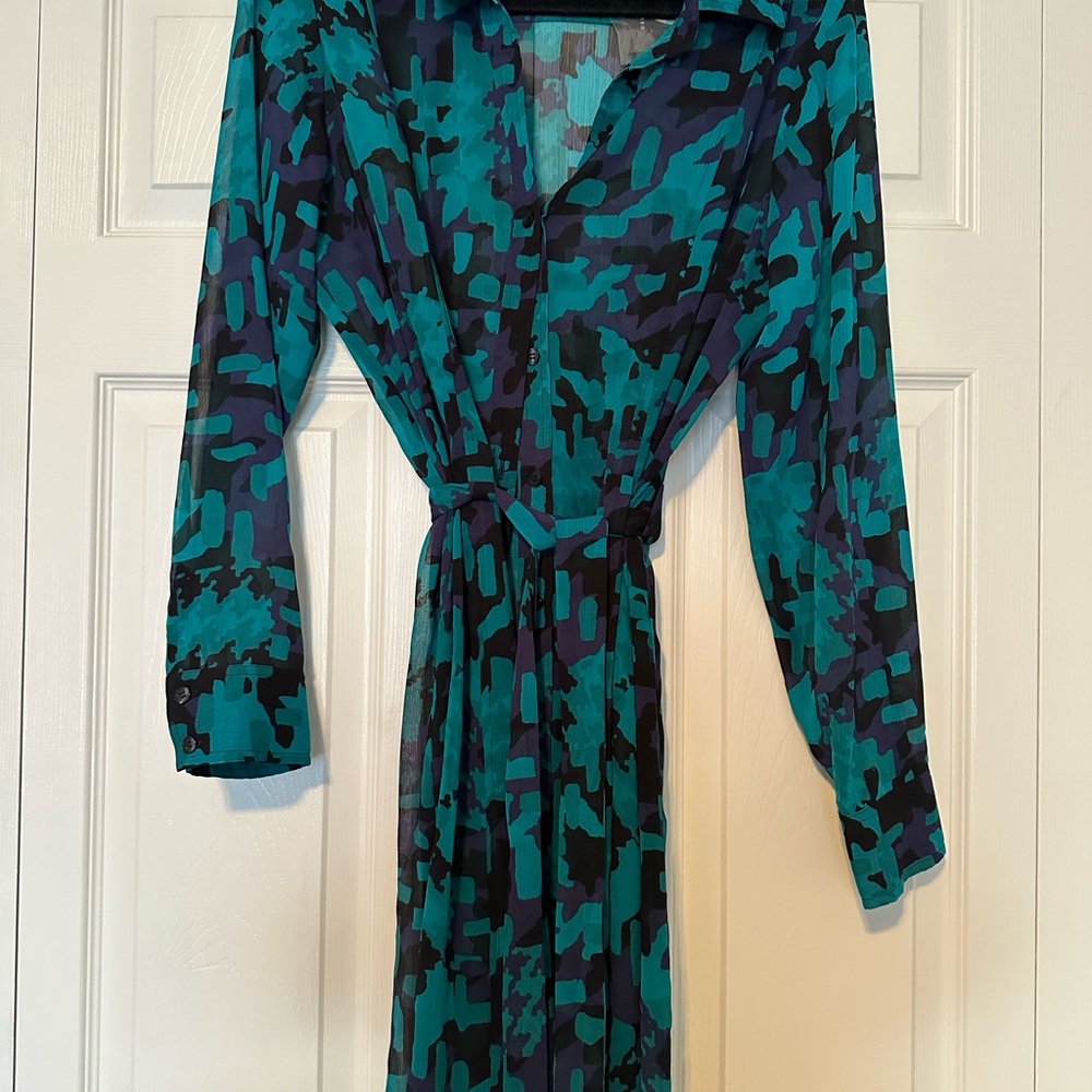 Elegant Teal and Black Patterned Dress with Black Slip